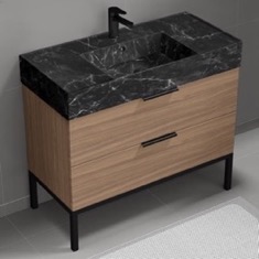 Modern Bathroom Vanity, Walnut, 40 inch, Black Marble Style Sink, Free Standing